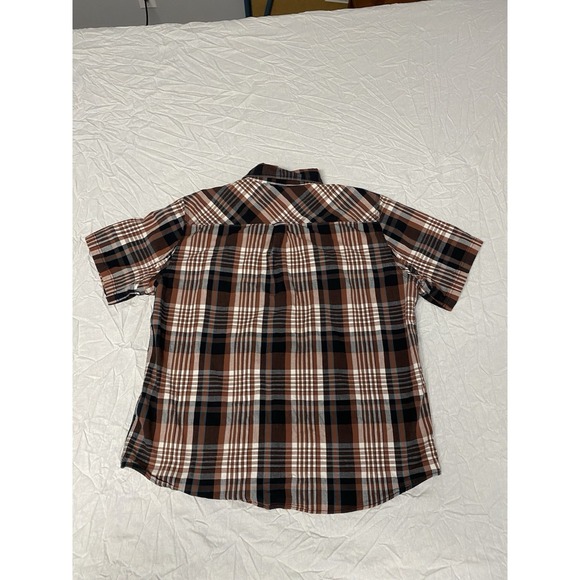 Eddie Bauer Workwear Foreman Fit 2XL Plaid Short Sleeve Shirt Brown Distressed - Picture 2 of 12
